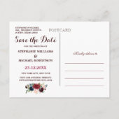 Burgundy Red Navy Floral Rustic Boho Save the Date Ankündigungspostkarte (Rückseite)
