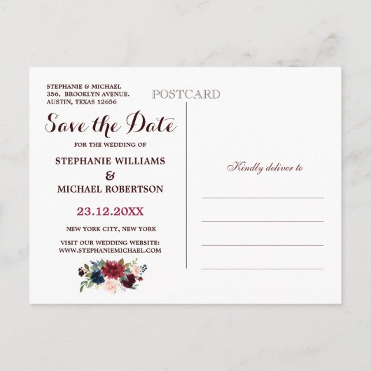 Burgundy Red Navy Floral Rustic Boho Save the Date Ankündigungspostkarte (Rückseite)