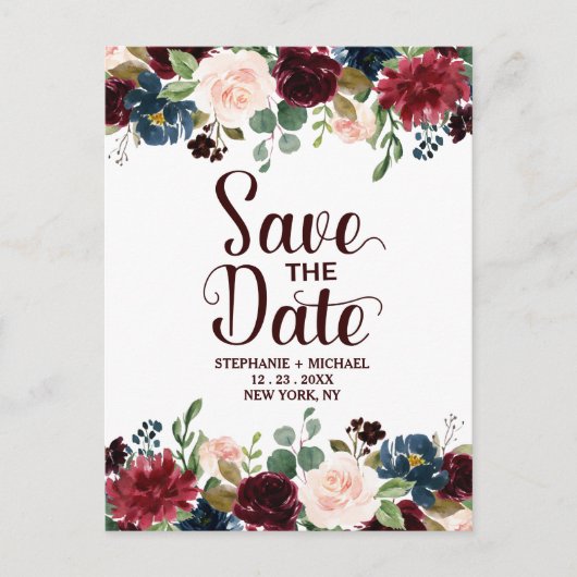 Burgundy Red Navy Floral Rustic Boho Save the Date Ankündigungspostkarte (Vorderseite)