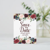 Burgundy Red Navy Floral Rustic Boho Save the Date Ankündigungspostkarte (Stehend Vorderseite)