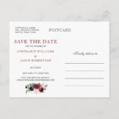 Burgundy Red Navy Floral Rustic Boho Save the Date Ankündigungspostkarte (Rückseite)