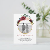 Burgundy Red Navy Floral Rustic Boho Save the Date Ankündigungspostkarte (Stehend Vorderseite)