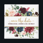 Burgundy Red Navy Floral Rustic Boho Sve Datum Magnet<br><div class="desc">Watercolor Burgundy Red Navy Floral Boho Hochzeit Speichern Sie den Datums-Magneten. Ideal für eine Hochzeit im Herbst. Das Design verfügt über ein atemberaubendes Bouquet aus Bordeaux / Marsala , Pfirsich , Marine Blume / Rose mit passenden Blätter. Mehr passende Designs und Variationen finden Sie in meinem "Blitzweddingpaperie" Shop. Und zögern...</div>