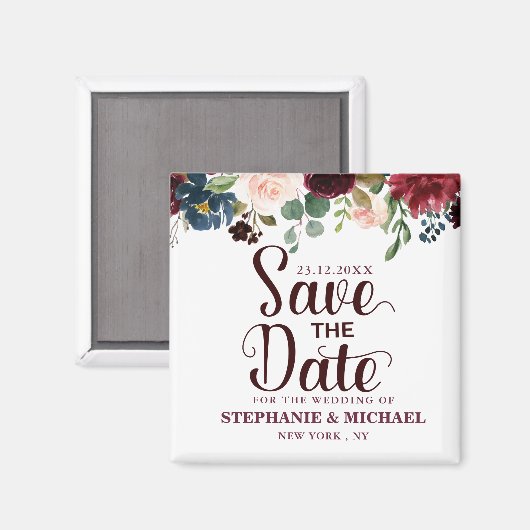 Burgundy Red Navy Floral Rustic Boho Sve Datum Magnet (Vorderseite/Rückseite)