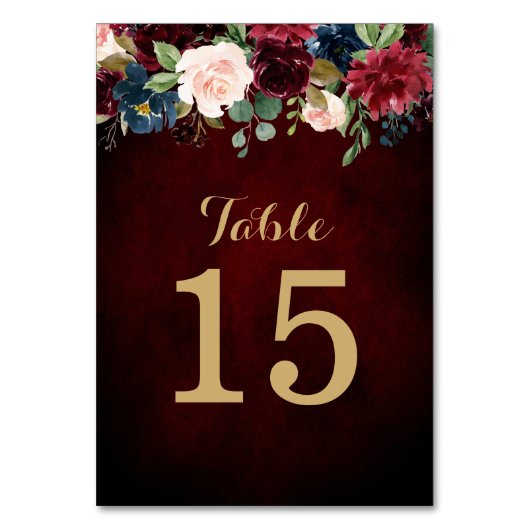 Burgundy Red Navy Floral Rustic Boho Tischnummer (Rückseite)