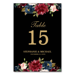 Burgundy Red Navy Floral Rustic Boho Tischnummer