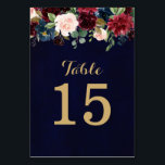 Burgundy Red Navy Floral Rustic Boho Tischnummer<br><div class="desc">Watercolor Burgundy Red Navy florale Rustikale Boho Hochzeit Tischnummer Card. Ideal für eine Hochzeit im Herbst. Das Design verfügt über ein atemberaubendes Bouquet aus Bordeaux / Marsala , Pfirsich , Marine Blume / Rose mit passenden Blätter. Mehr passende Designs und Variationen finden Sie in meinem "Blitzweddingpaperie" Shop. Und zögern Sie...</div>