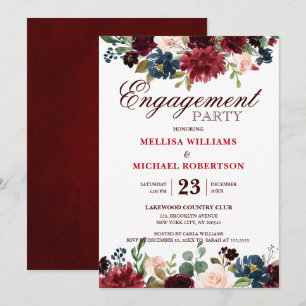 Burgundy Red Navy Floral Rustic Boho Verlobung Einladung
