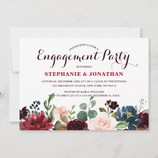 Burgundy Red Navy Floral Rustic Boho Verlobung Einladung (Vorderseite)