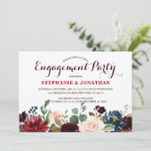Burgundy Red Navy Floral Rustic Boho Verlobung Einladung (Stehend Vorderseite)
