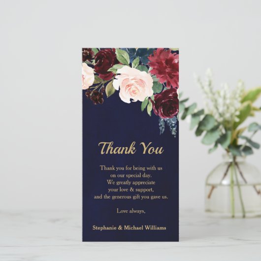 Burgundy Red Navy Floral Rustic Boho Vielen Dank Dankeskarte (Stehend Vorderseite)