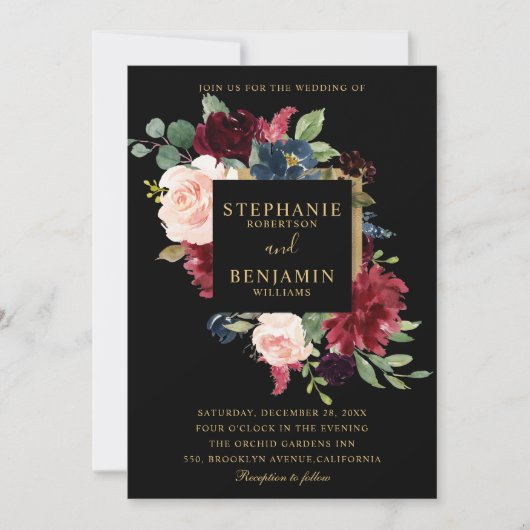 Burgundy Red Navy Floral Rustic Boho Wedding Einladung (Vorderseite)