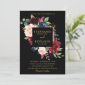 Burgundy Red Navy Floral Rustic Boho Wedding Einladung (Stehend Vorderseite)