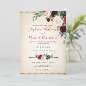 Burgundy Red Navy Floral Rustic Boho Wedding Einladung (Stehend Vorderseite)