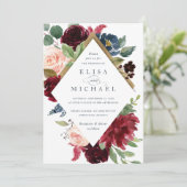 Burgundy Red Navy Floral Rustic Boho Wedding Einladung (Stehend Vorderseite)
