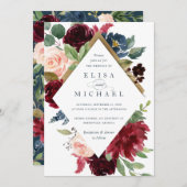 Burgundy Red Navy Floral Rustic Boho Wedding Einladung (Vorne/Hinten)