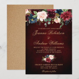 Burgundy Red Navy Floral Rustic Boho Wedding Einladung