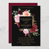 Burgundy Red Navy Floral Rustic Boho Wedding Einladung (Vorne/Hinten)