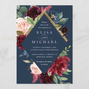 Burgundy Red Navy Floral Rustic Boho Wedding Einladung