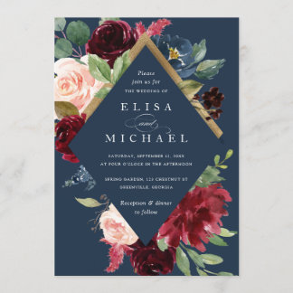 Burgundy Red Navy Floral Rustic Boho Wedding Einladung
