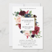 Burgundy Red Navy Floral Rustic Boho Wedding Einladung (Vorderseite)