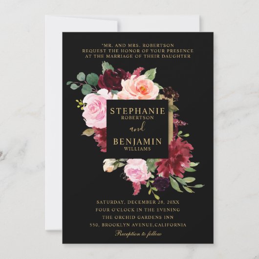 Burgundy Red Navy Floral Rustic Boho Wedding Einladung (Vorderseite)