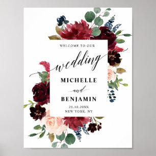 Burgundy Red Navy Floral Rustic Boho Wedding Poster
