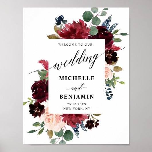 Burgundy Red Navy Floral Rustic Boho Wedding Poster (Vorne)
