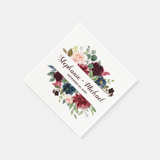 Burgundy Red Navy Floral Rustic Boho Wedding Serviette (Ecke)