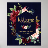 Burgundy Red Navy Floral Rustic Boho Wedding Sign Poster (Vorne)
