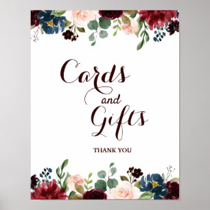 Burgundy Red Navy Floral Rustic Boho Wedding Sign Poster