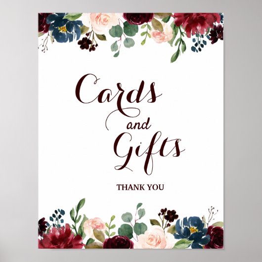 Burgundy Red Navy Floral Rustic Boho Wedding Sign Poster (Vorne)