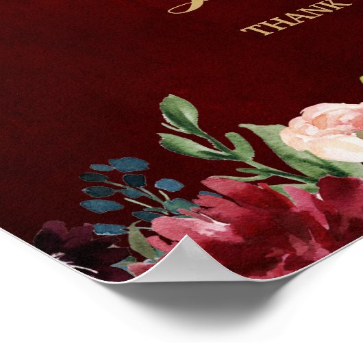 Burgundy Red Navy Floral Rustic Boho Wedding Sign Poster (Ecke)