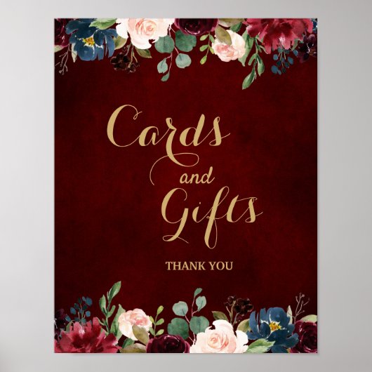 Burgundy Red Navy Floral Rustic Boho Wedding Sign Poster (Vorne)