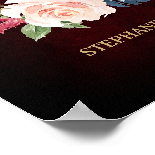 Burgundy Red Navy Floral Rustic Boho Wedding Sign Poster (Ecke)