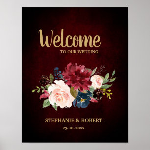 Burgundy Red Navy Floral Rustic Boho Wedding Sign Poster