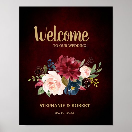 Burgundy Red Navy Floral Rustic Boho Wedding Sign Poster (Vorne)