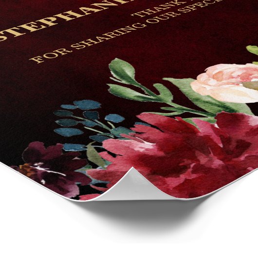 Burgundy Red Navy Floral Rustic Boho Wedding Sign Poster (Ecke)