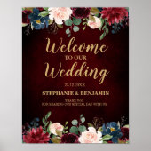 Burgundy Red Navy Floral Rustic Boho Wedding Sign Poster (Vorne)