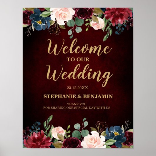 Burgundy Red Navy Floral Rustic Boho Wedding Sign Poster (Vorne)
