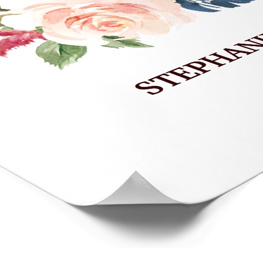 Burgundy Red Navy Floral Rustic Boho Wedding Sign Poster (Ecke)