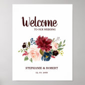 Burgundy Red Navy Floral Rustic Boho Wedding Sign Poster (Vorne)