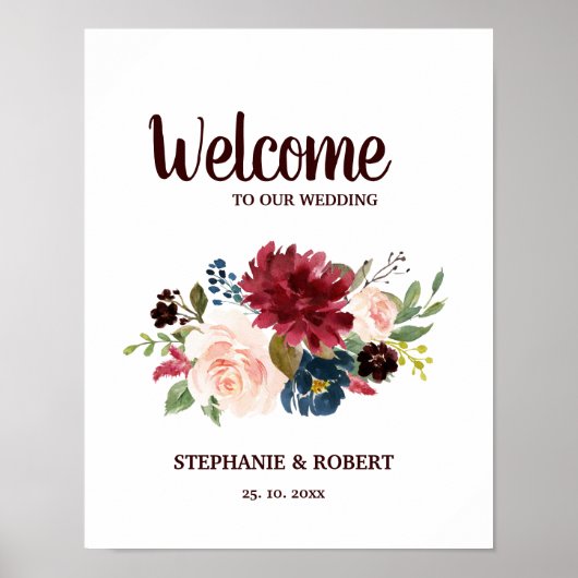 Burgundy Red Navy Floral Rustic Boho Wedding Sign Poster (Vorne)