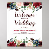 Burgundy Red Navy Floral Rustic Boho Wedding Sign Poster (Vorne)