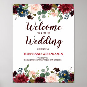 Burgundy Red Navy Floral Rustic Boho Wedding Sign Poster