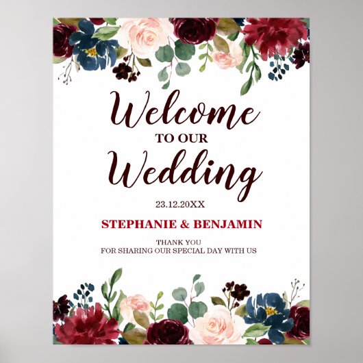 Burgundy Red Navy Floral Rustic Boho Wedding Sign Poster (Vorne)