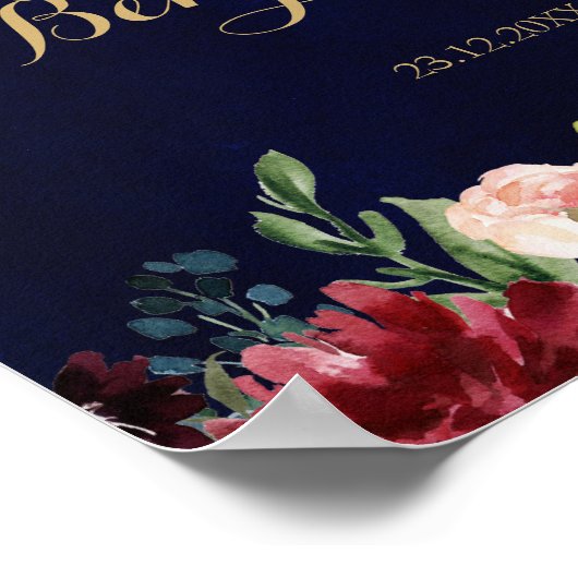 Burgundy Red Navy Floral Rustic Boho Wedding Sign Poster (Ecke)