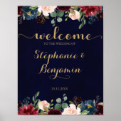 Burgundy Red Navy Floral Rustic Boho Wedding Sign Poster (Vorne)