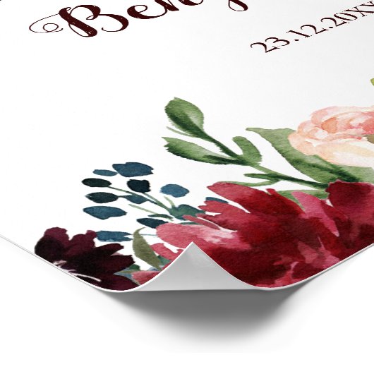 Burgundy Red Navy Floral Rustic Boho Wedding Sign Poster (Ecke)