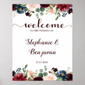 Burgundy Red Navy Floral Rustic Boho Wedding Sign Poster (Vorne)